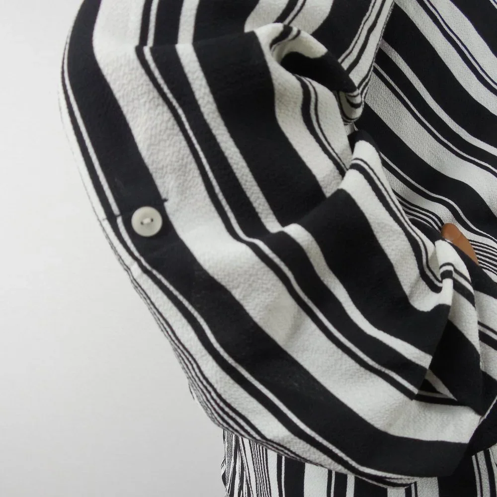 DRESSBARN Top M Black/White Striped Blouse NWT Hi/Low Stretch Roll Tab Long Slvs - Picture 7 of 11
